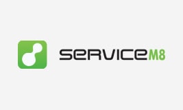 Logo of ServiceM8, showcasing a green square with a white connected node design on the left, and the words 